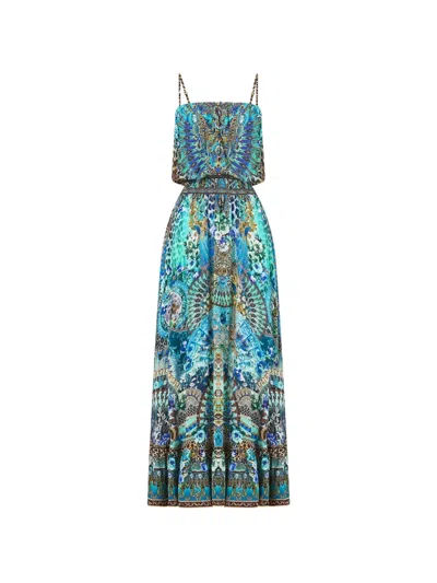 Camilla Shirred-waist Long Dress In Blue
