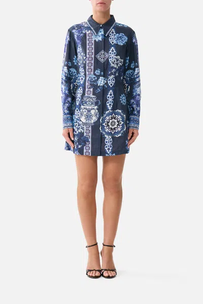 Camilla Shirt Dress With A Line Skirt A Tiled Wonderland In Blue