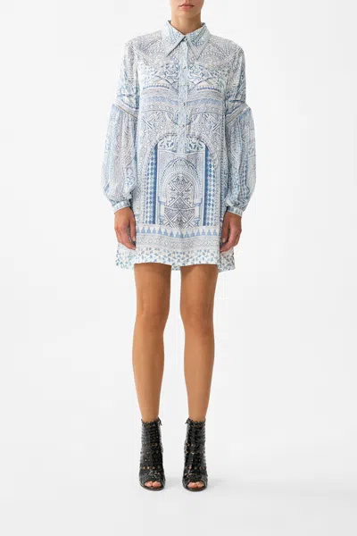 Camilla Shirt Dress With Blouson Sleeve The Hum Of The Alhambra In Blue