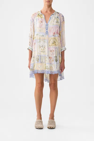 Camilla Short Gathered Panel Dress Botanical Ballads In White