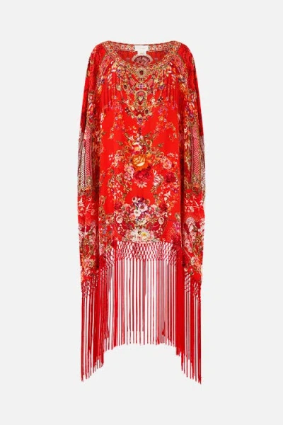 Camilla Short Round Neck Kaftan With Fringing In Red