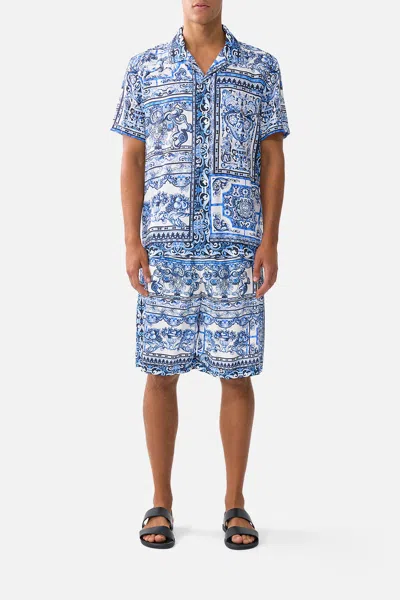 Camilla Short Sleeve Camp Collared Shirt A Tiled Wonderland In Blue