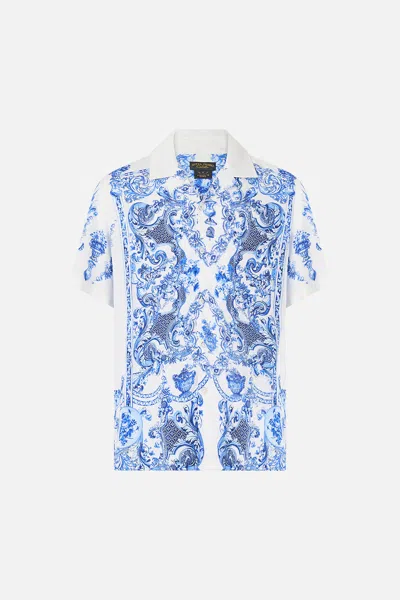 Camilla Short Sleeve Camp Collared Shirt Ceramic Panoramic In Blue