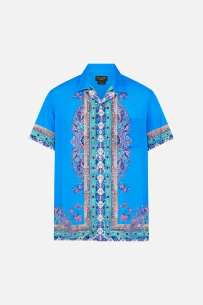 Camilla Short Sleeve Camp Collared Shirt Footsteps In Folklore In Blue