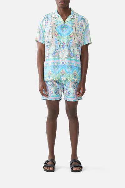 Camilla Short Sleeve Camp Collared Shirt Midsummer Mosaics In Blue