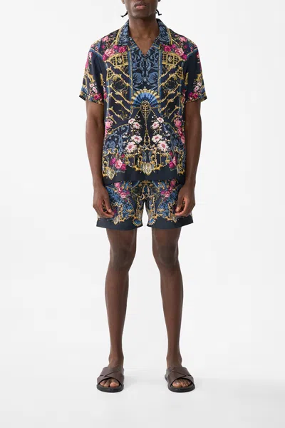 Camilla Short Sleeve Camp Collared Shirt Ornate On A Plate In Blue