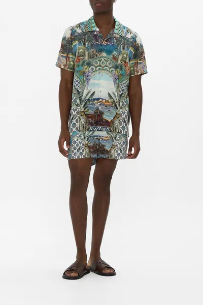Camilla Short Sleeve Camp Collared Shirt Postcards & Palm Trees In Multi