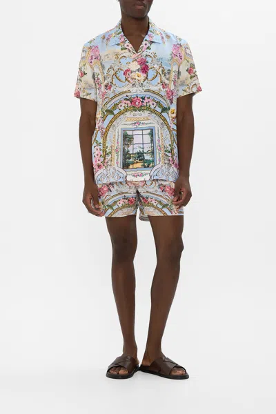 Camilla Short Sleeve Camp Collared Shirt Tiled In Time In Purple