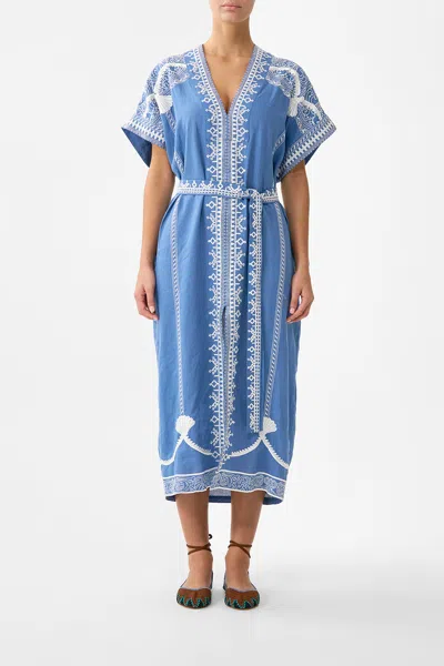 Camilla Short Sleeve Kaftan With Tie Waist De Nada Granada In Blue