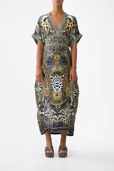 Camilla Short Sleeve Kaftan With Tie Waist Feline Folklore In Green