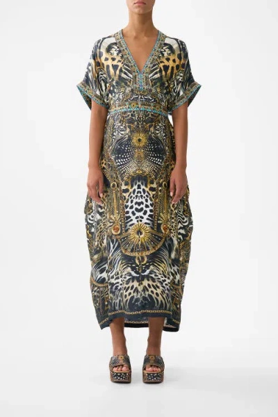Camilla Short Sleeve Kaftan With Tie Waist In Multi