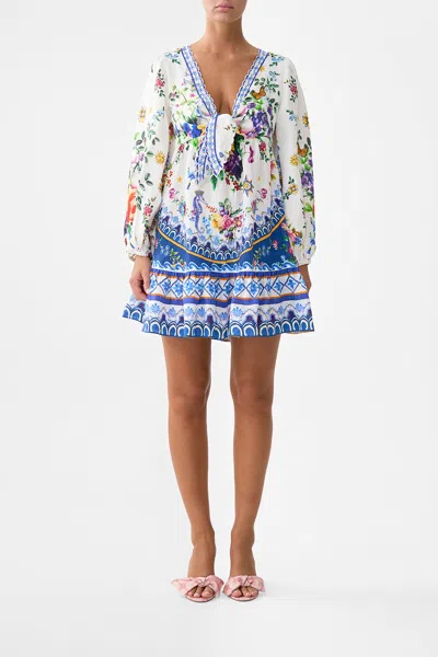 Camilla Short Tie Front Blouson Dress Tiles Darls In Multi