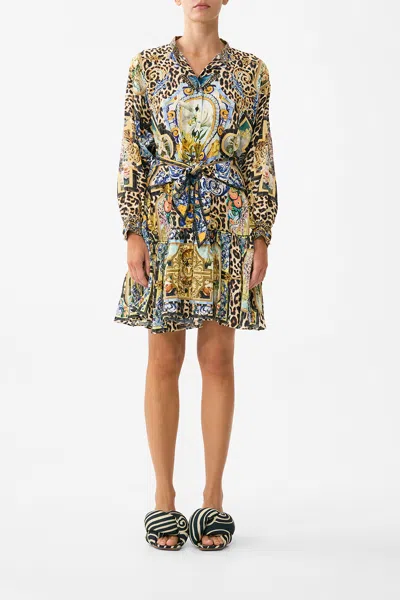 Camilla Short Tiered Shirtdress With Wide Waist Tie Sevillian Style In Multi