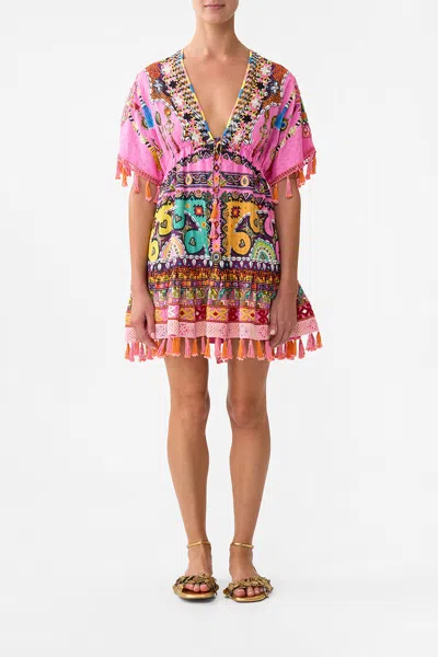 Camilla Short V Neck Embroidered Dress Patchwork Panorama In Pink