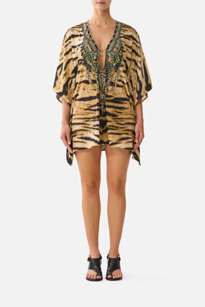 Camilla Short V Neck Kaftan W Ring Front Trim A Wink To The Wild In Brown