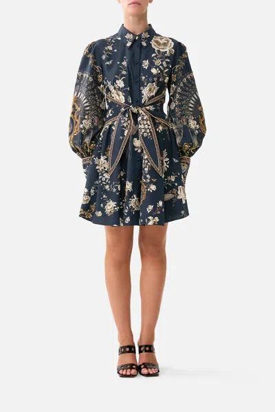 Camilla Short Waist Tie Shirt Dress Flamenco Folklore In Blue