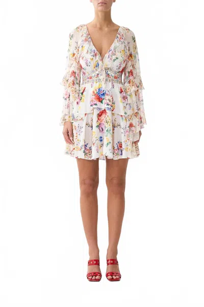 Camilla Short Waistband Dress With Ruffle Sleeve In I Left My Heart In Granada In Multi