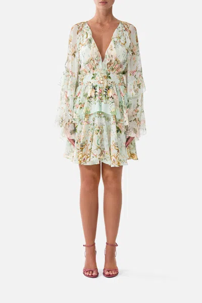 Camilla Short Waistband Dress With Ruffle Sleeve Wildflower Wunderland In Green