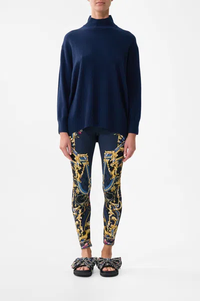 Camilla Silk Back Turtle Neck Knit Ornate On A Plate In Blue