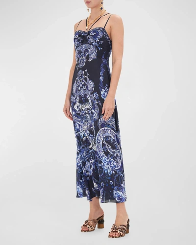 Camilla Silk Crepe Strap-detail Midi Dress In Delft Dynasty