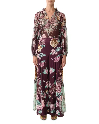 Camilla Silk Floral Lace Up Pants In Burgundy