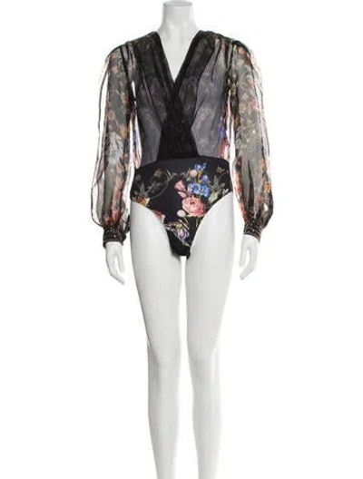 Pre-owned Camilla Silk Floral Print Bodysuit W/ Tags In Black