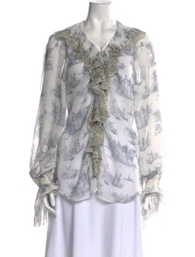 Pre-owned Camilla Silk Floral Print Button-up Top In White