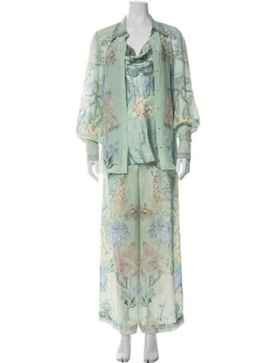 Pre-owned Camilla Silk Floral Print Pant Set In Green