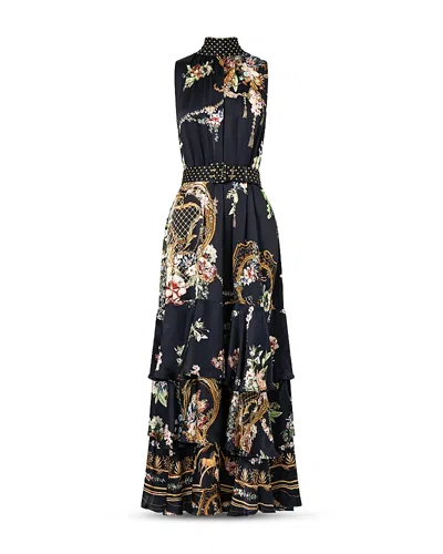 Camilla Silk High Neck Tiered Ruffle Dress In Black