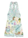Camilla Graphic Print Silk Jumpsuit With Halterneck Tie And V-neckline In Neutral
