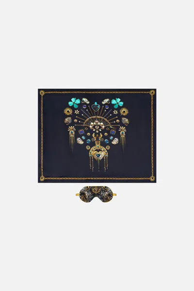 Camilla Silk Pillowcase And Eye Mask Set Feline Folklore In Blue