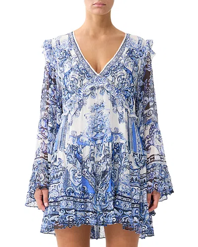 Camilla Silk Tiered Swing Mini Dress In Blue