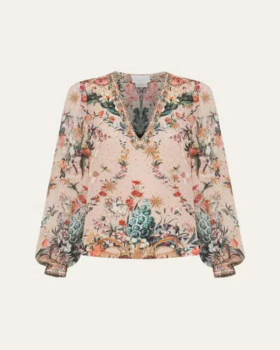 Camilla Silk V-neck Blouson-sleeve Blouse In Rose Garden Revolution