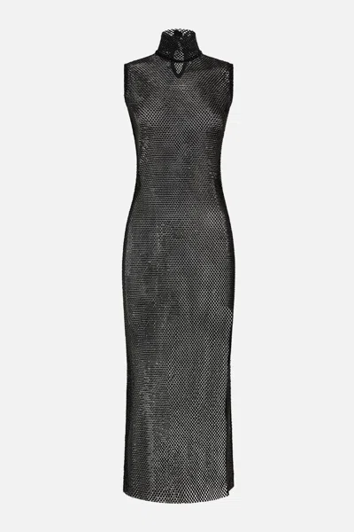 Camilla Sleeveless Turtle Neck Crystal Mesh Dress Mark Of Medusa In Black