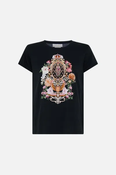 Camilla Slim Fit Round Neck T-shirt - Blk/multi Adorned In Alexandria In Black