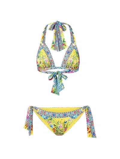 Camilla Soft Thick Tie Tri Floral-print Bikini Set In Multi
