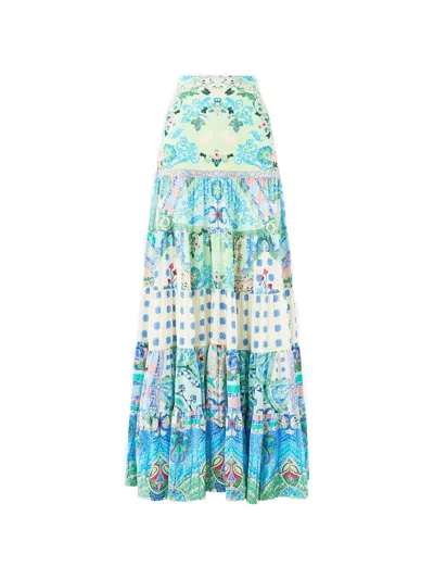 Camilla Jersey Spliced Tiered Skirt Midsummer Mosaics In Blue
