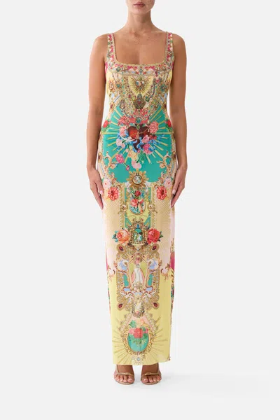 Camilla Square Neck Beach Maxi Dress W Low Back Painted Prayers In Yellow