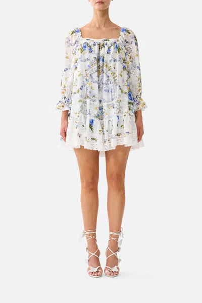 Camilla Square Neck Short Dress With Pintucks Dandelion Skies In White