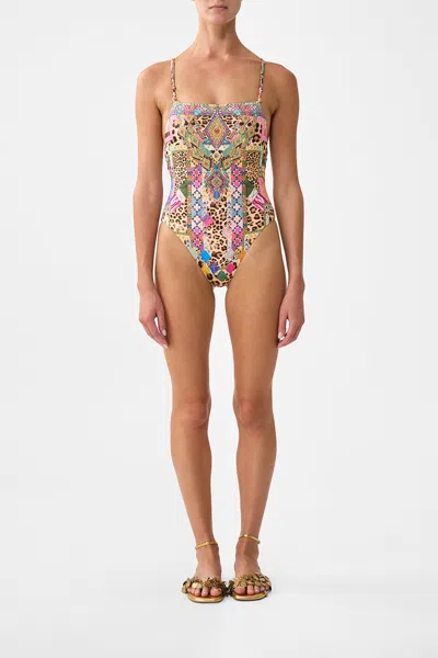 Camilla Straight Neck Double Strap Button One Piece Embroidered Ever After In Multi