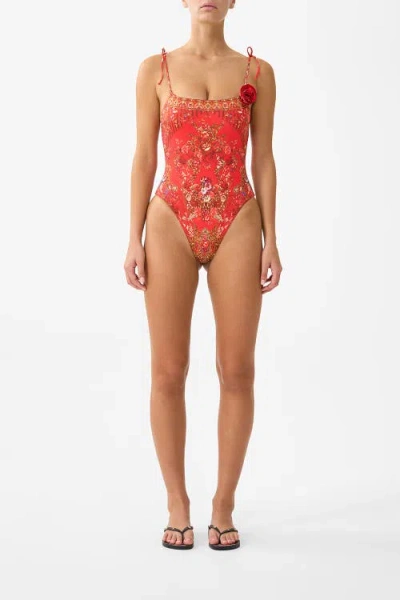 Camilla Straight Neck One Piece With Rosette Detail In Red