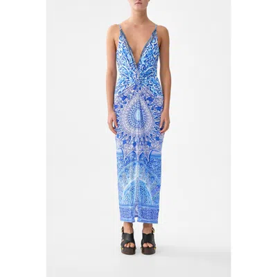 Camilla Strappy Dress With Twist Front In Blue