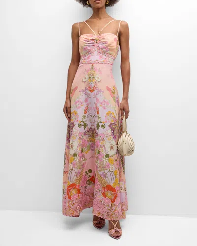 Camilla Strappy Folkart Floral Linen Midi Dress In Pink