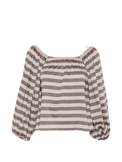 Camilla Striped Off-shoulder Top In Brown