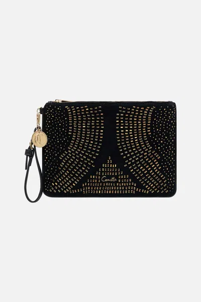Camilla Suede Zip Top Clutch Solid Black