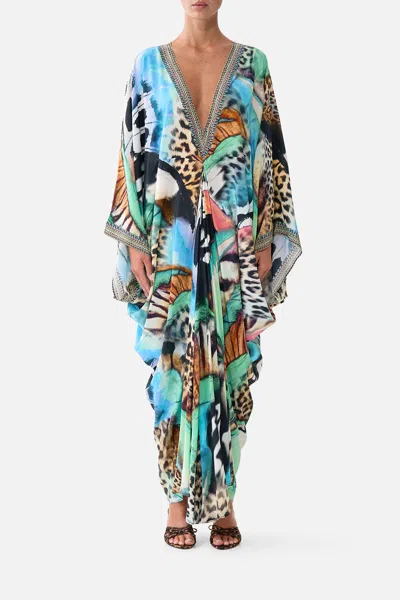Camilla T Shape Long Kaftan Butterfly Bohemia In Blue-green