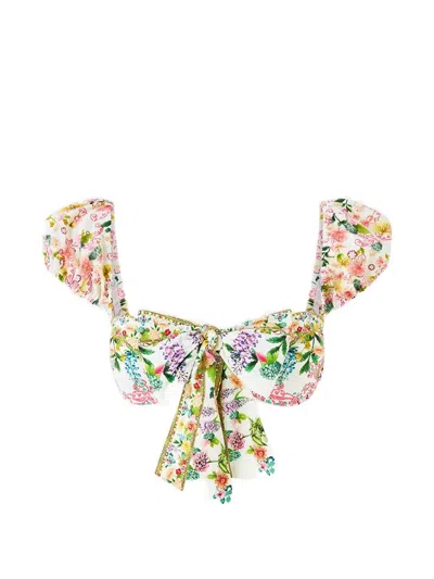Camilla The Call Of Catalonia Puff-sleeve Tie Bikini Top In White