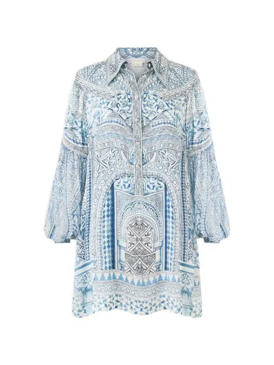 Camilla The Hum Of The Alhambra Blouson-sleeve Shirt Mini Dress In Blue