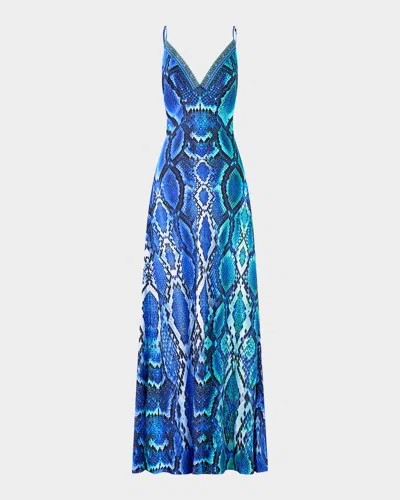 Camilla The Sapphire Serpent Bias-cut Maxi Slip Dress In Blue