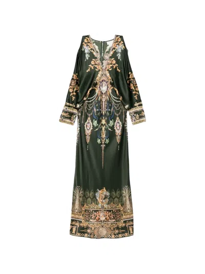 Camilla The Secession Sessions Baroque-print Cold-shoulder Maxi Dress In Green